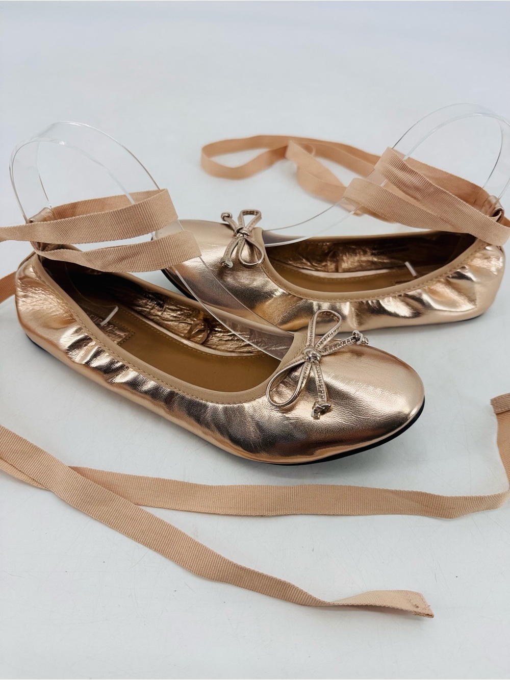 Forever 21 NEW Minimalist Twee Metallic Rose Gold Lace Ankle Strap Ballet Flats